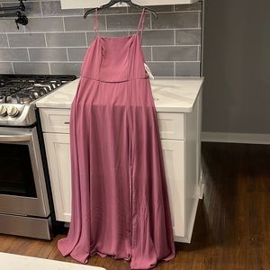 spaghetti strap chiffon bridesmaid dress with slit

STYLE# F20342 color Chianti